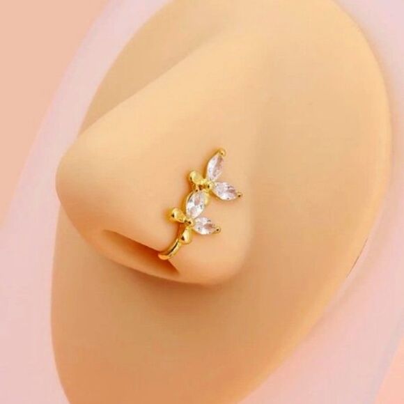 GOLD DIAMOND DOUBLE BUTTEFLY NOSE RING/CUFF - Picture 1 of 4